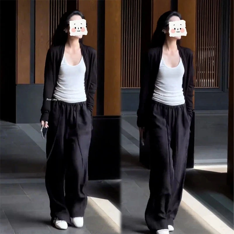 2025秋季新款设计感慵懒简约长袖开衫女内搭背心休闲阔腿裤三件套