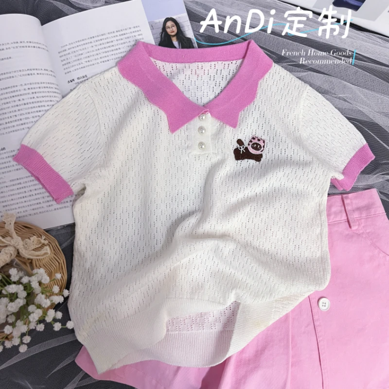 〖ANDI〗安迪订制女童夏季领口袖口拼色翻领时尚短袖4168