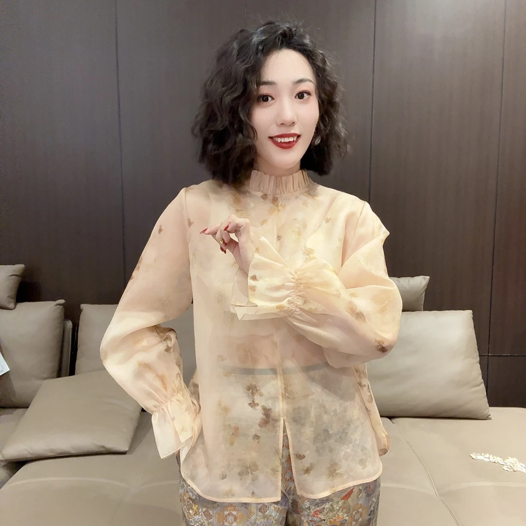 新中式木耳领甜美真丝绡立领上衣