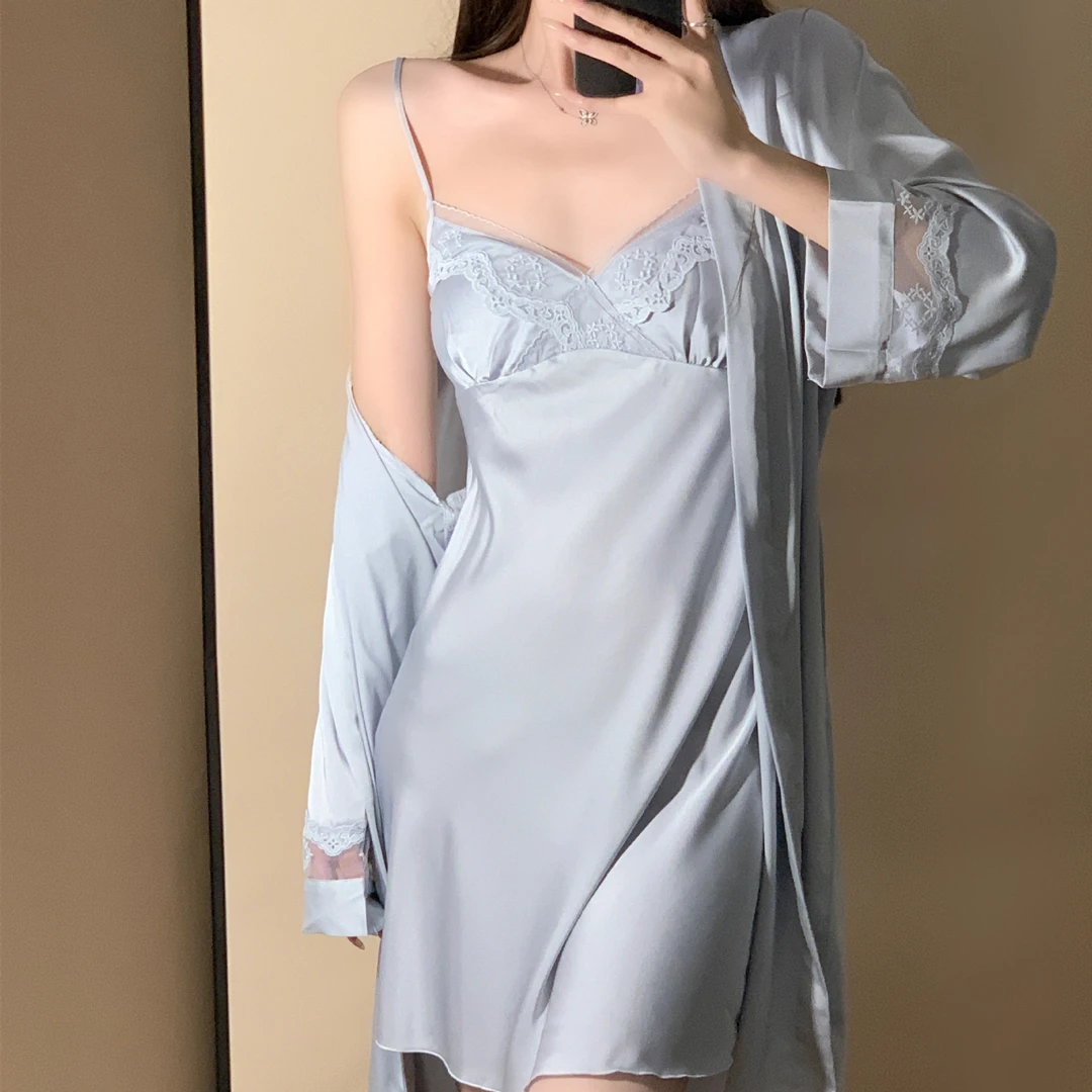 【浪漫月光】春夏新款冰丝睡衣女吊带蕾丝带胸垫纯欲风套装