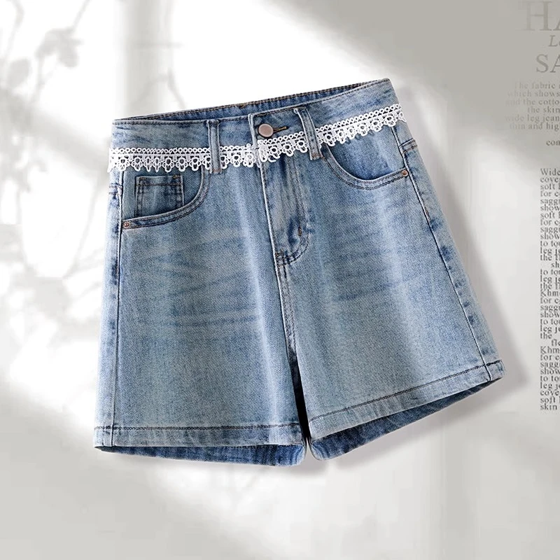 蕾丝拼接牛仔阔腿裤女2025年春秋季新款高腰小个子垂感小众直筒裤