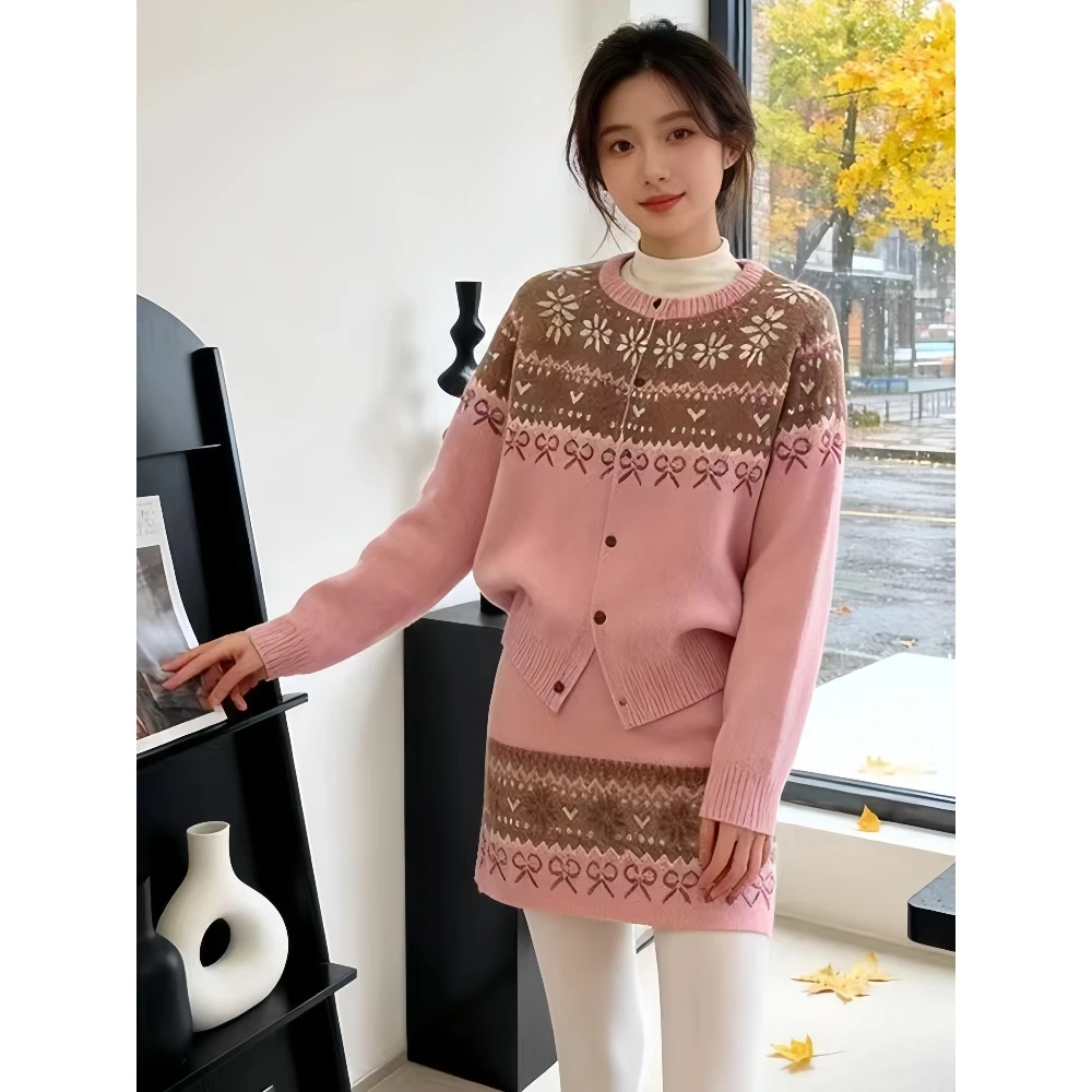 温柔系穿搭套装女韩系复古费尔岛提花加厚毛衣高腰显瘦半裙两件套