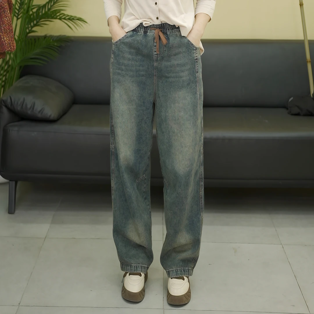 2025春季新款休闲百搭显瘦高腰设计水洗牛仔面料女士长裤