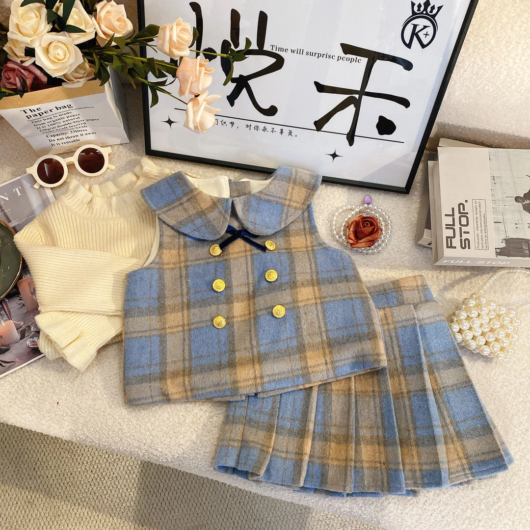 Y3【悦禾】女童新款时尚公主新款加厚马甲裙女宝精致格子套装6257