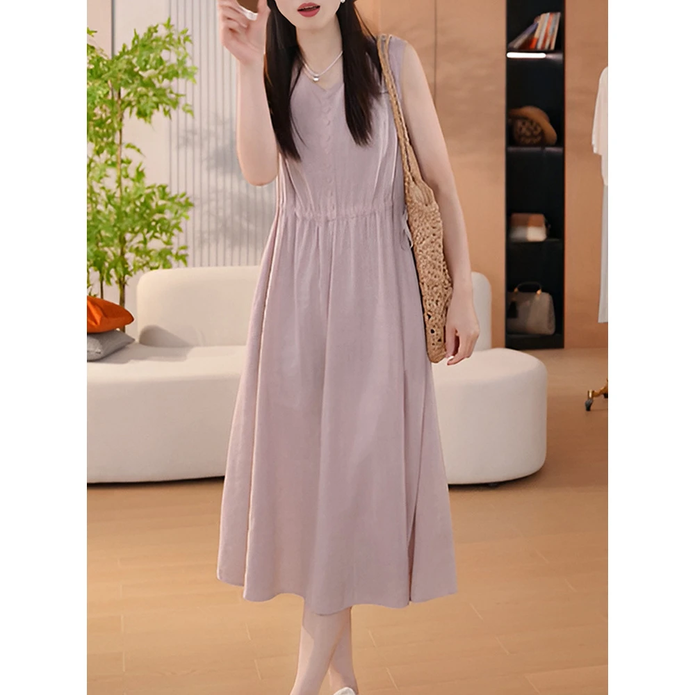 【运补4至9米】韩系清新套头无袖中长女士连衣裙收腰显瘦大码装藏青