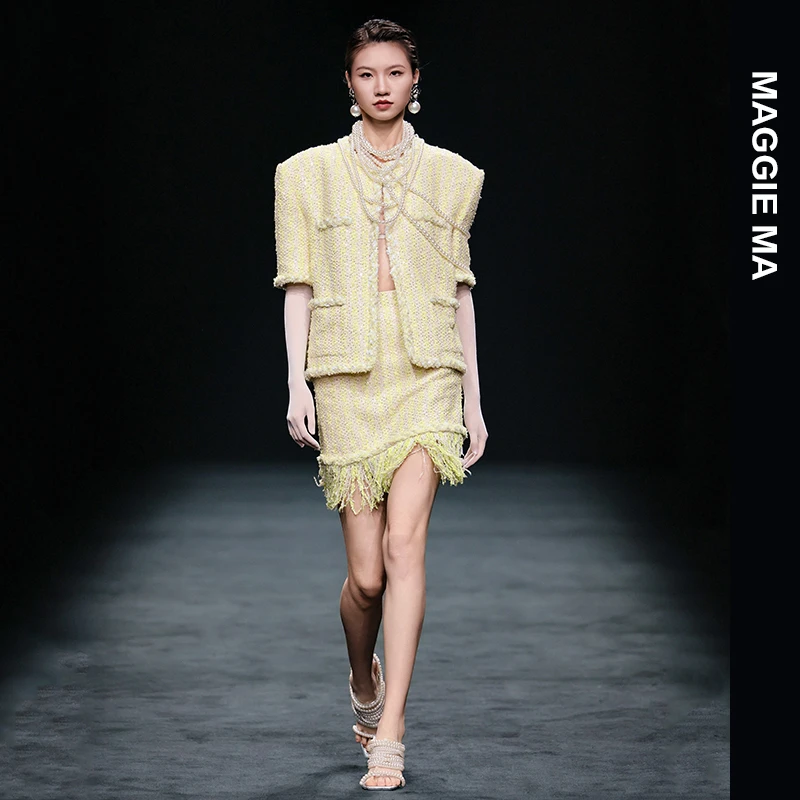 MAGGIE MA马婧设计师清新黄色亮片灵动流苏小香风套装裙205C/206B