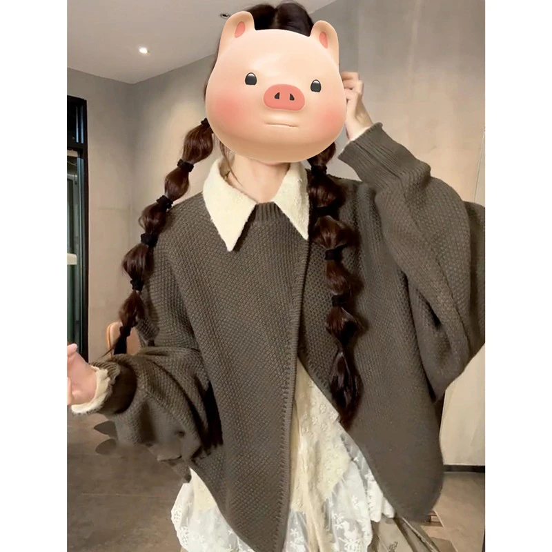 大码设计感不规则毛衣洋气胖MM套装女秋季蕾丝衬衫半身裙子三件套
