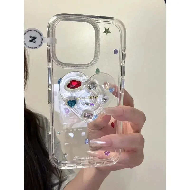 唯美ins透底彩色点钻滴胶爱心适用iPhone16promax苹果15pro手机壳