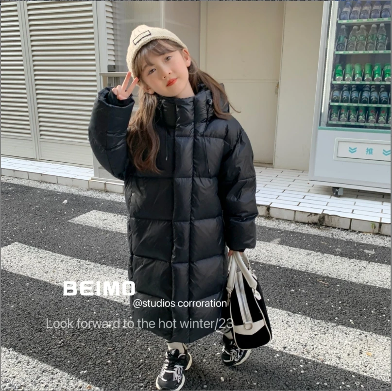 反季新款中长款拉链男女童装中大童秋冬过膝加厚亲子装羽绒服外套