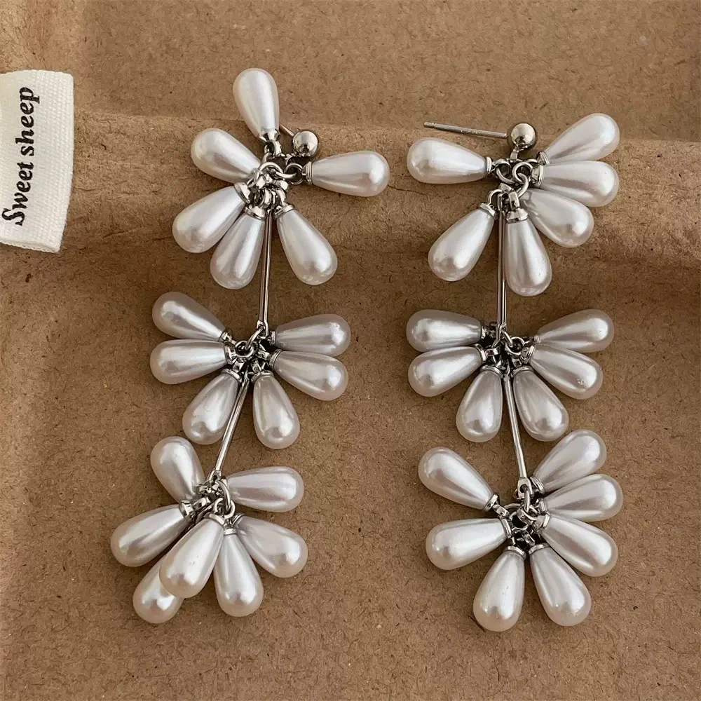 铜合金耳饰 爆款设计感重工水滴珍珠串珠流苏吊坠耳环女