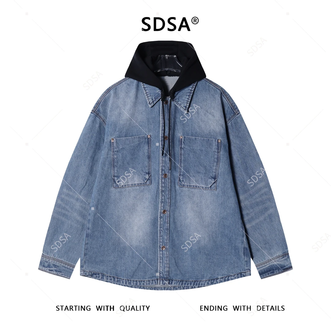 SDSA男士秋冬新款痞帅男装简欧风宽松拼接连帽牛仔衬衫百搭时尚
