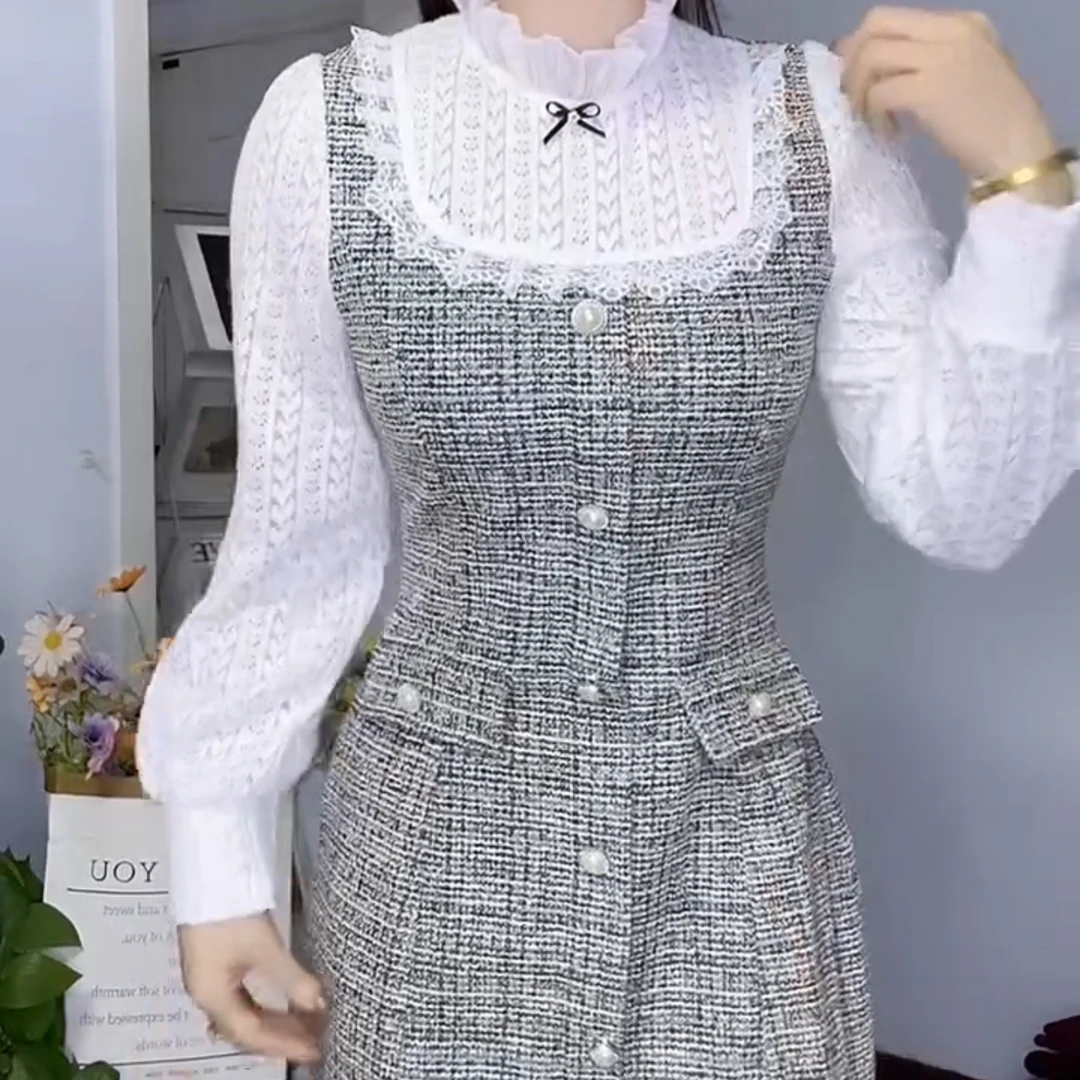 洋气时尚显瘦中长款拼接假两件小香风打底连衣裙