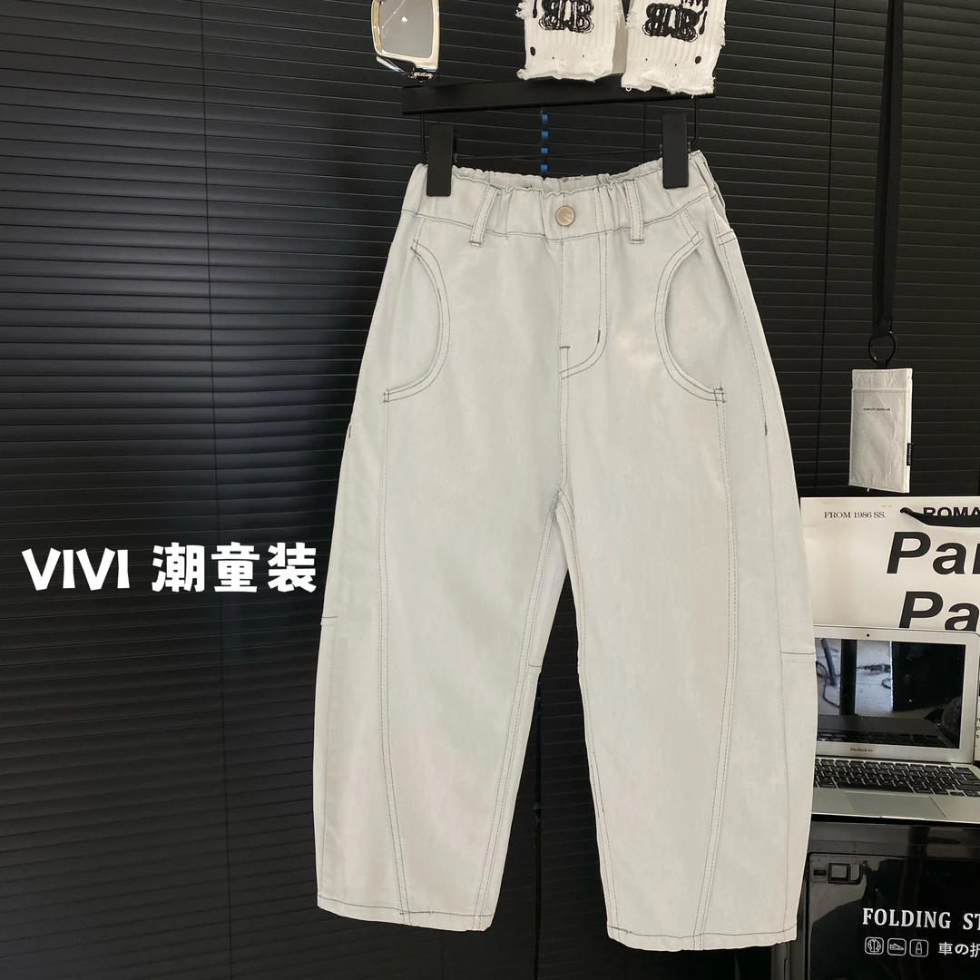 VIVI童装 2025夏款潮流中大童灰白色柔软透气轻薄弯刀牛仔裤