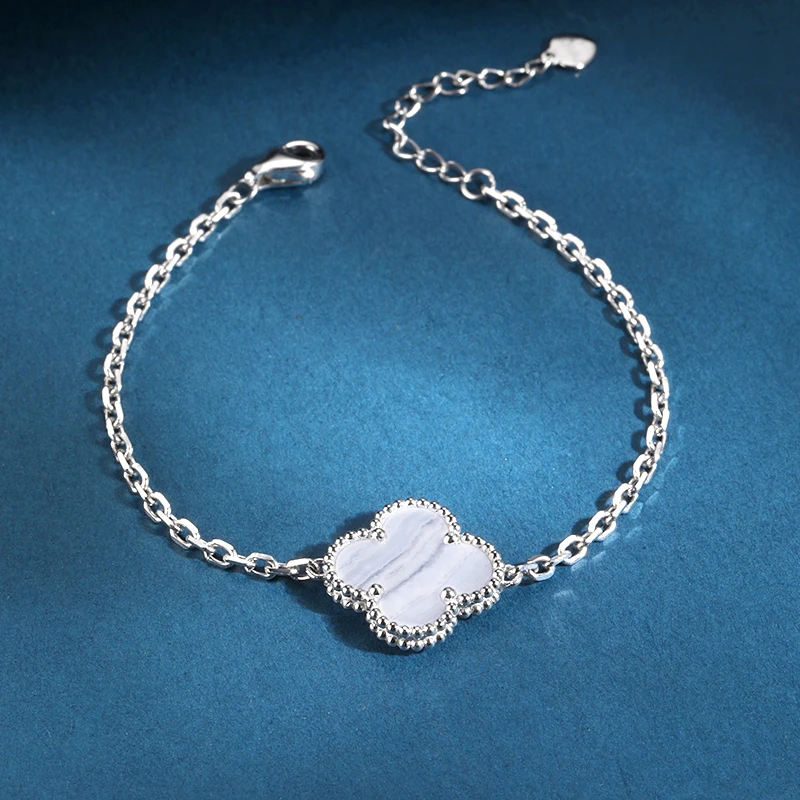 罗威曼铂金pt950镶嵌粉贝/紫玉单花四叶草手链