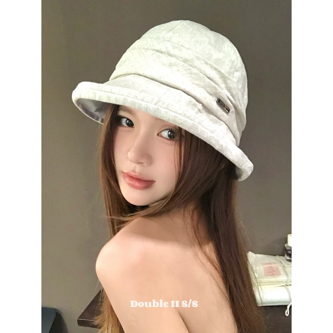double i i 日系棉麻褶皱渔夫帽女夏薄款透气遮阳防晒盆帽太阳帽