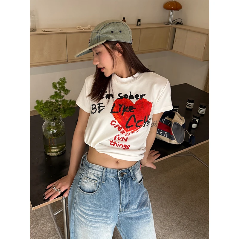 川川也CCYE美式原创爱心正肩短袖修身显瘦上衣街头印花t恤圆领