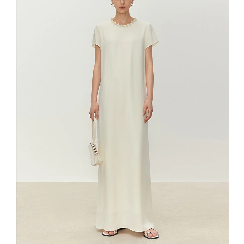 圆领重工钉珠直身短袖连衣裙女简约优雅高级感长裙0191