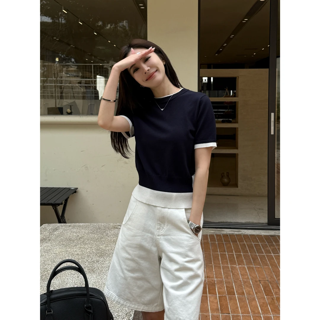 【特调格调】夏季极简设计感撞色拼接透气不闷热小香风女上衣H6-60