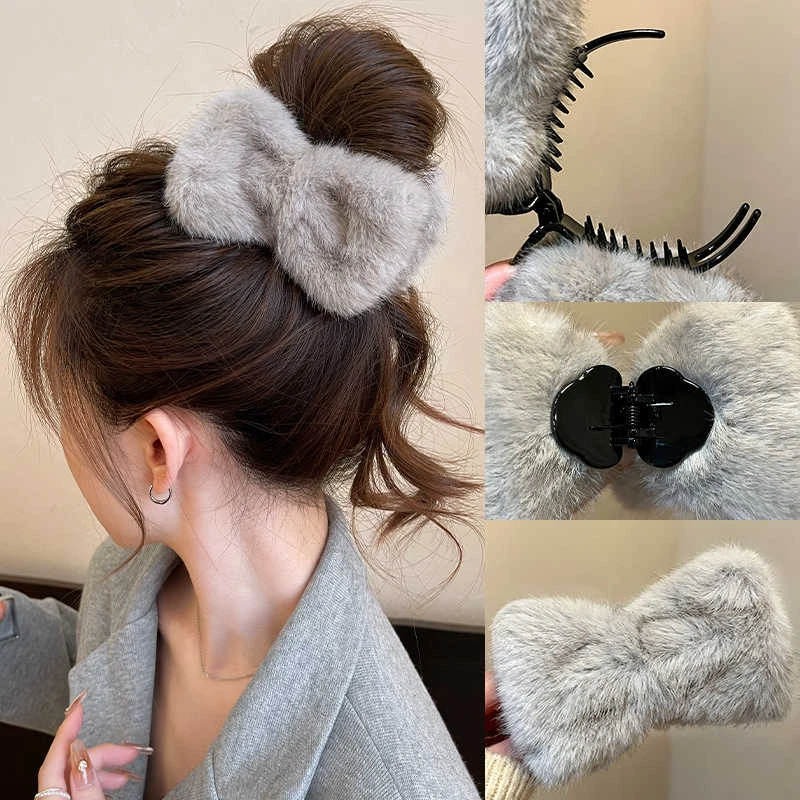 毛绒蝴蝶结抓夹女2025新款爆款时尚鲨鱼夹小众设计高级感百搭发饰