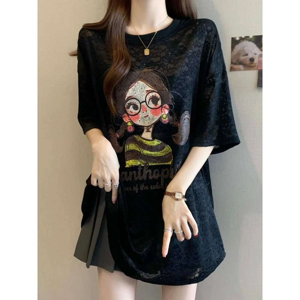 中长款正肩短袖T恤女夏季大码胖mm遮肚子遮肉显瘦设计感半袖上衣