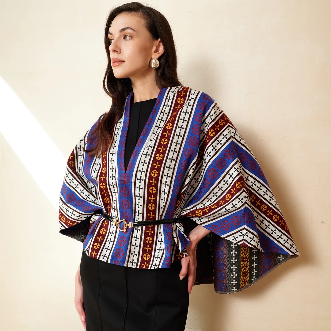 青海藏族撞色双面提花小众设计师款百搭时髦女士斗篷