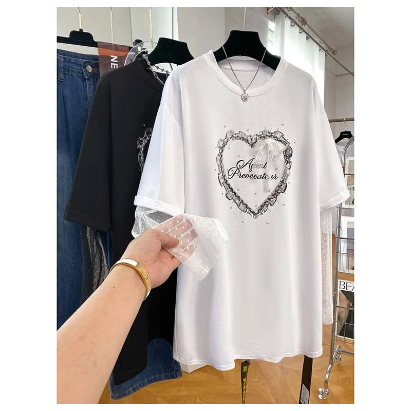 网纱拼接纯棉长袖T恤女2025夏季新款洋气假两件宽松大码别致上衣