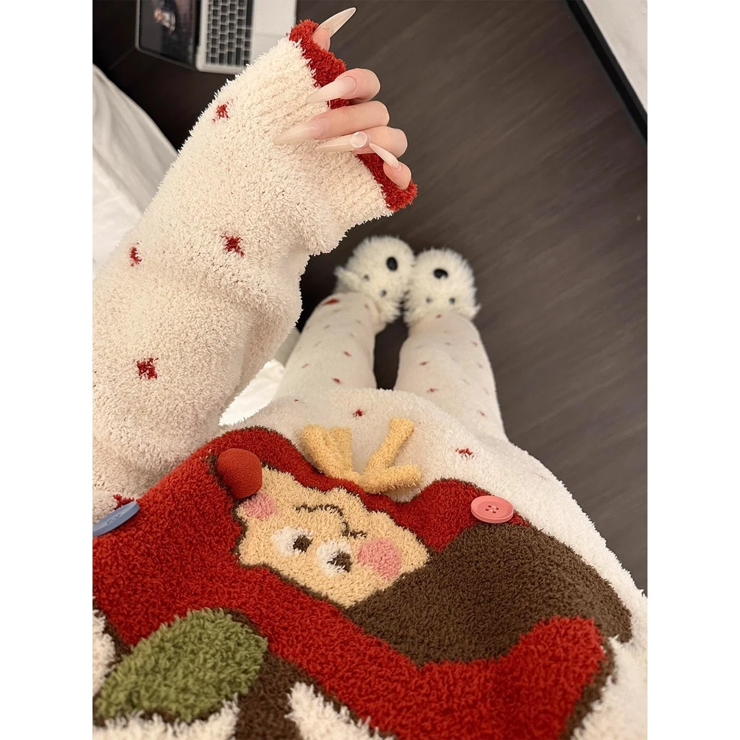 可爱卡通半边绒睡衣女2025冬季新款大码加绒保暖家居服套装可外穿
