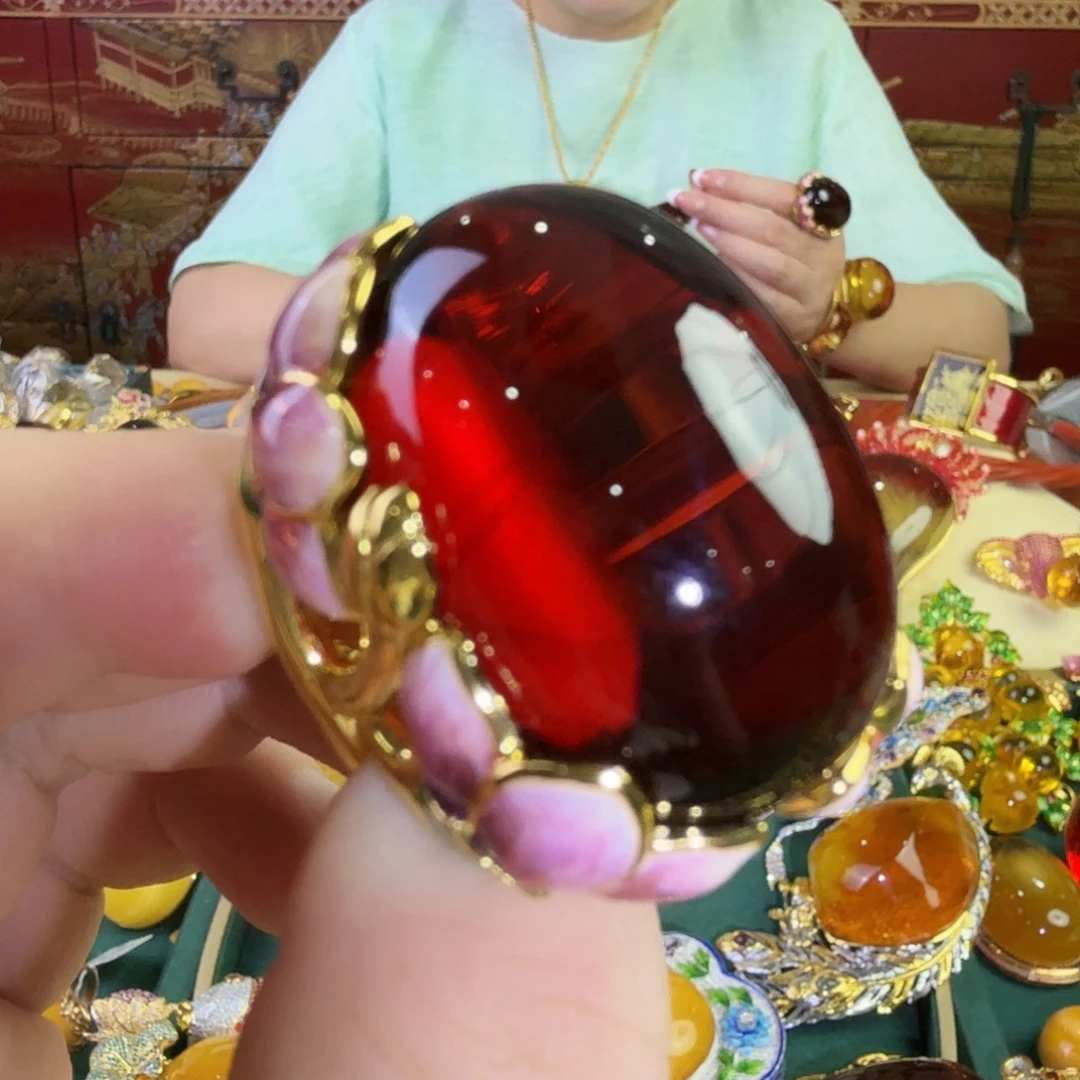 血珀银S925镀金镶嵌戒指