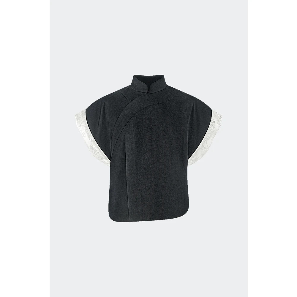 TUYUE涂月|「无名场」黑色不对称立襟挺括短袖上衣「月弧」