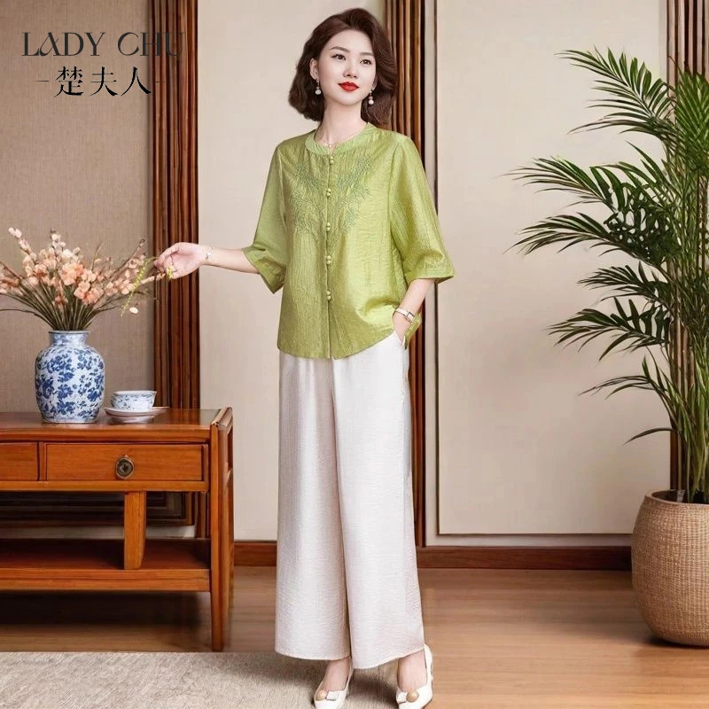 妈妈夏装套装2025新款中老年女天丝中袖刺绣上衣服中年时尚两件套