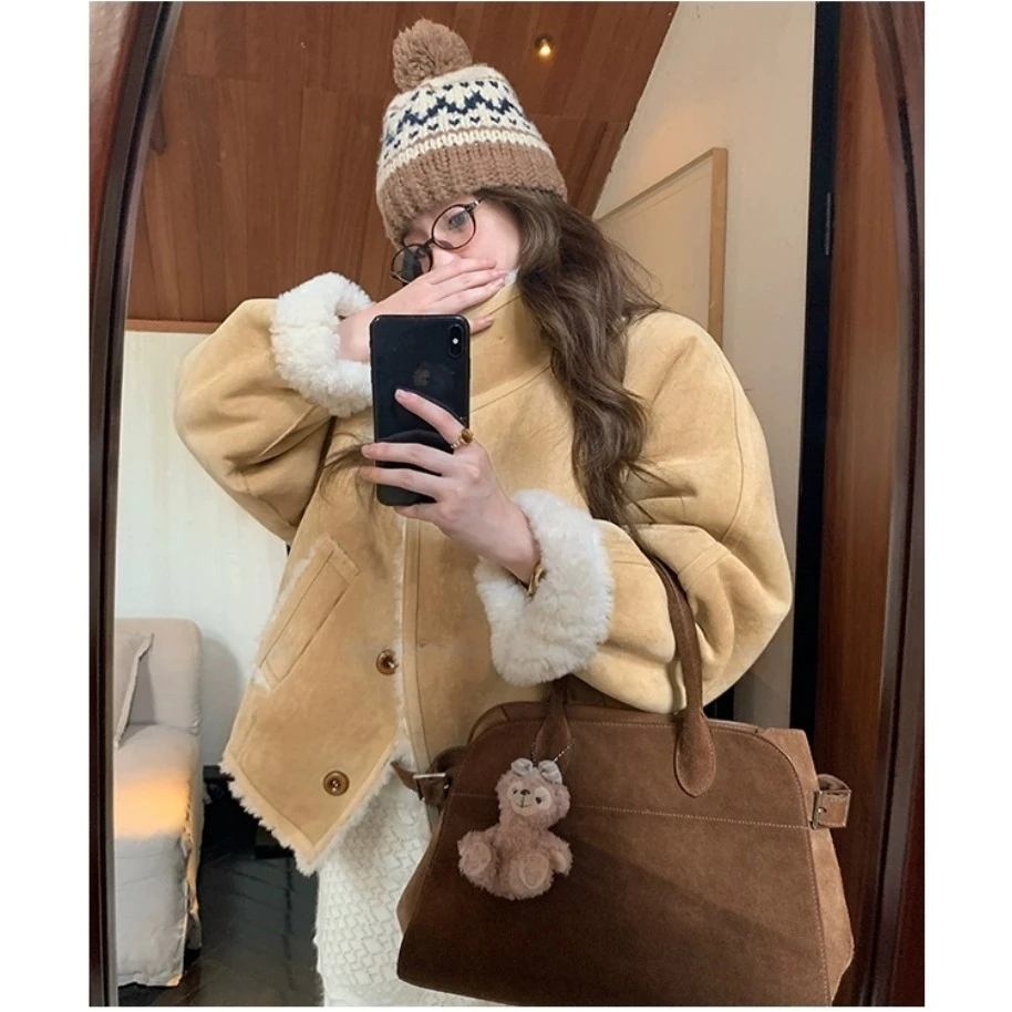 秀场廓形撞色皮毛一体环保加厚羊羔毛短外套休闲棉衣韩系棉服夹克