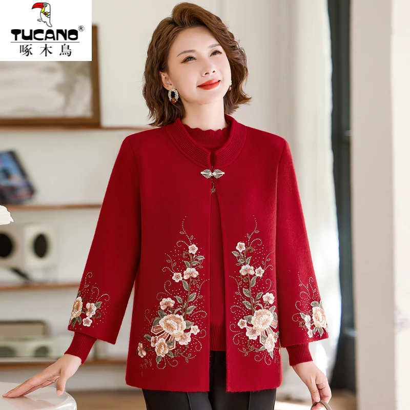 啄木鸟妈妈装秋款针织外套女中老年人两件套上衣奶奶婚礼服红色毛