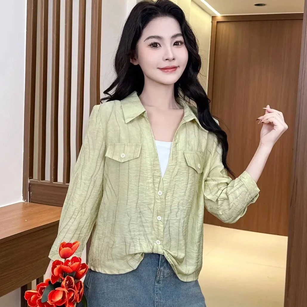 2025新款条纹拼接七分袖衬衫洋气质宽松遮肉百搭上衣