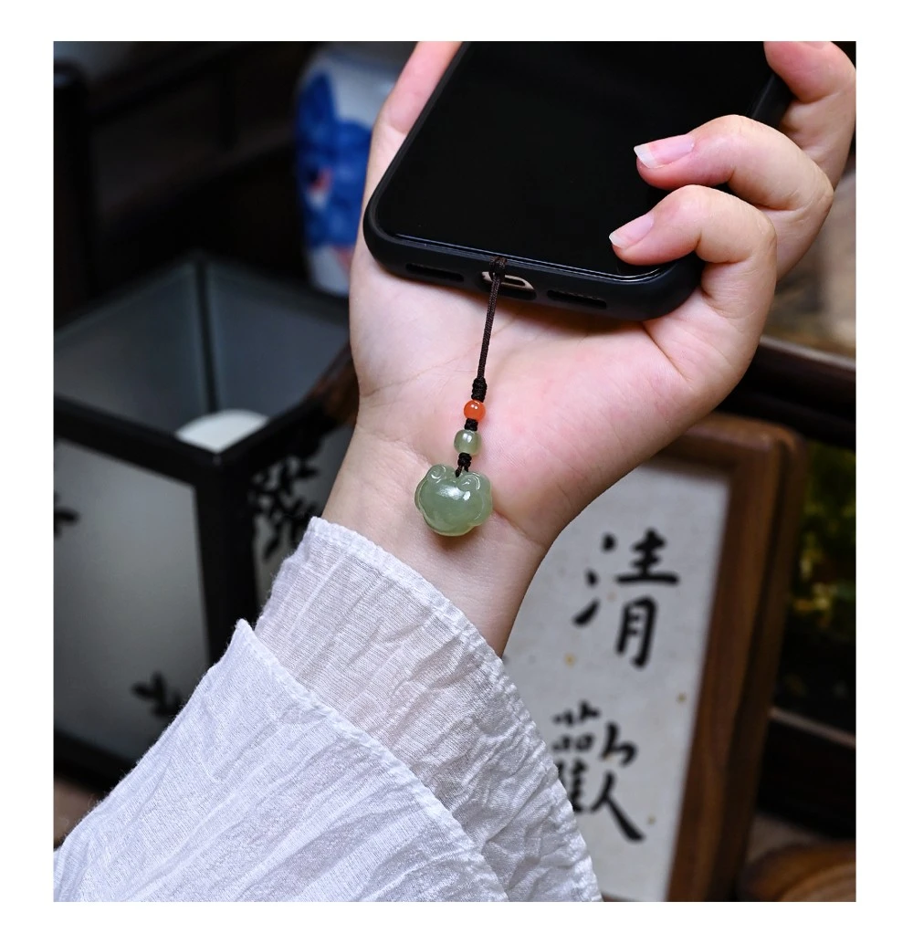 天然和田玉平安如意锁手机链古风简约玉石手机挂件挂饰配件送礼物