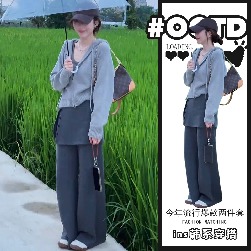 成套搭配减龄套装女春秋高级感灰色连帽针织衫休闲裤子两件套