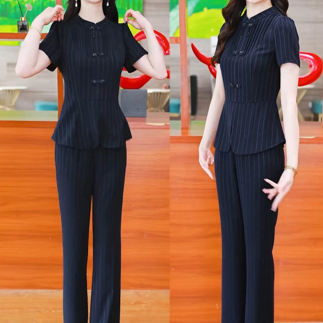 2025夏季新款时尚短袖套装女气质显瘦国风盘扣条纹上衣裤子两件套