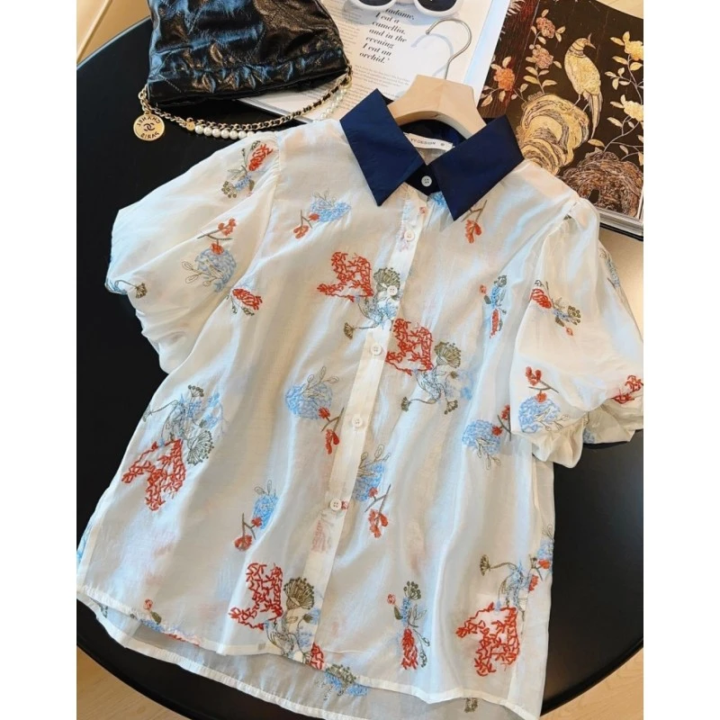2025夏季法式洋气设计师款重工刺绣莱赛尔花朵轻薄泡泡袖衬衫短袖