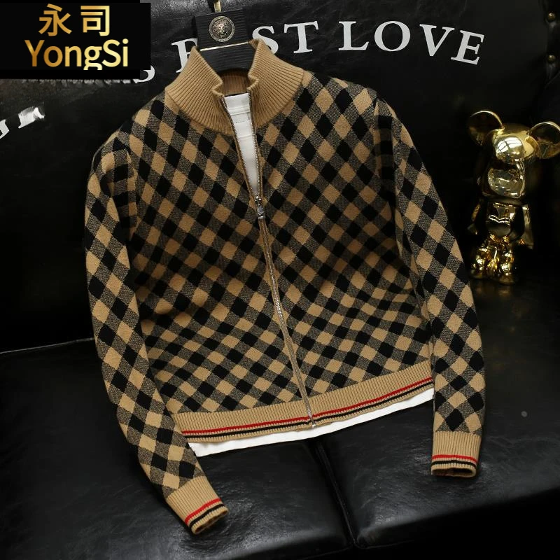 欧洲站格子提花花纹毛衣男士青年修身开衫外套高级感帅气冬装毛衫