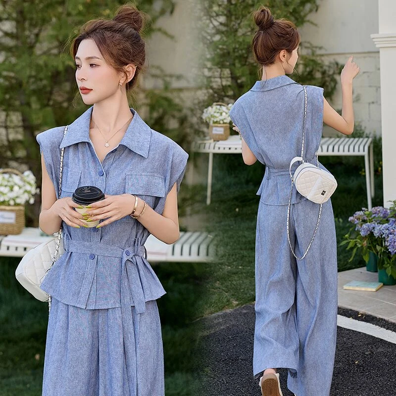 气质无袖收腰翻领衬衫套装裤女2025夏季新款显瘦洋气阔腿裤两件套