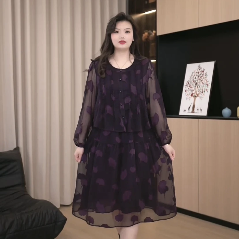 胖依依大码女装2025春季新款气质宽松假两件显瘦裙子240955