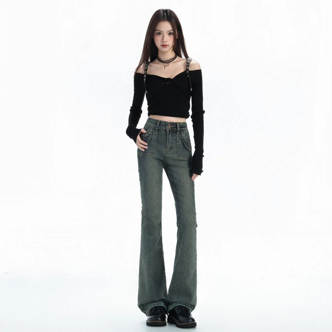 早秋新款&美式复古高街双扣长裤加长弹力微喇牛仔裤女