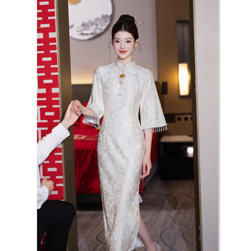 复合蕾丝长款倒大袖单层旗袍秋季新款改良新中式日常可穿旗袍