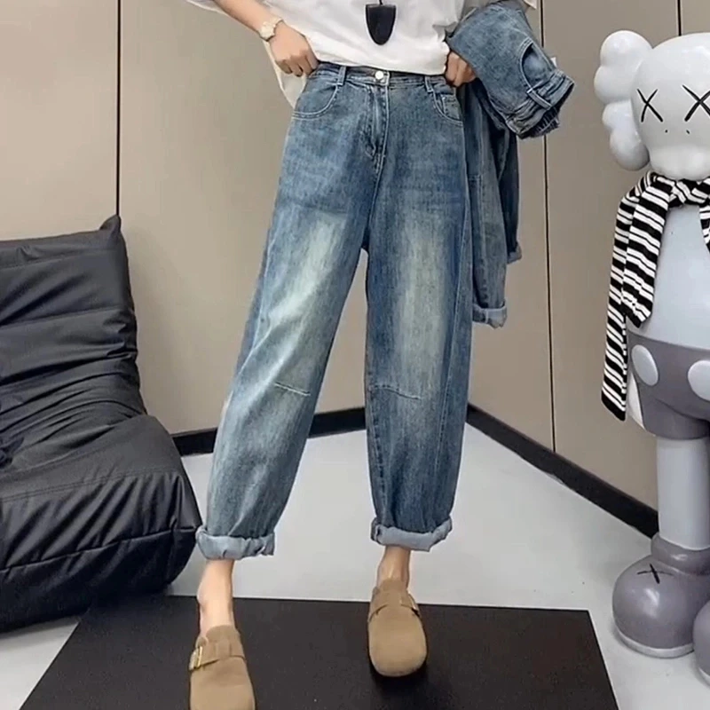 2025年春季新款大码哈伦老爹裤牛仔裤子女士九分裤显瘦萝卜裤宽松