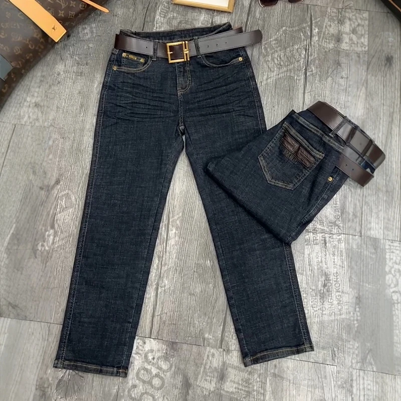 秋季新款普洗蓝修身牛仔烟管裤大码女装高腰显瘦百搭弹力直筒裤子