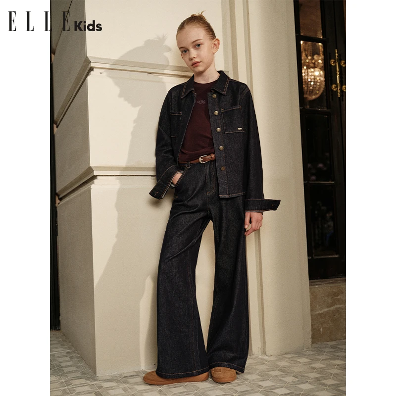 ELLE KIDS童装 复古原牛女儿童秋季新款修身翻领正肩衬衫外套F2