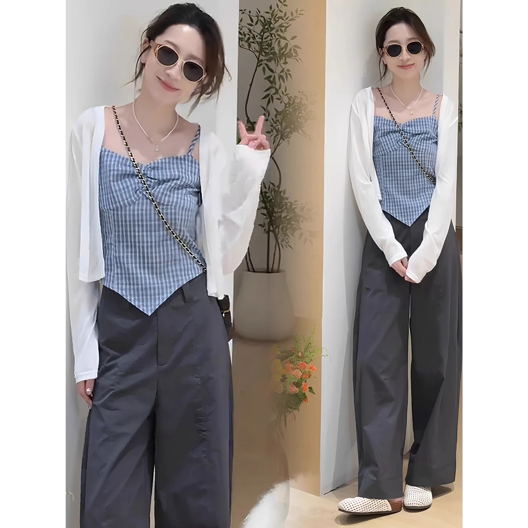 时尚套装女2025夏季新款洋气减龄显瘦吊带开衫休闲阔腿裤三件套潮