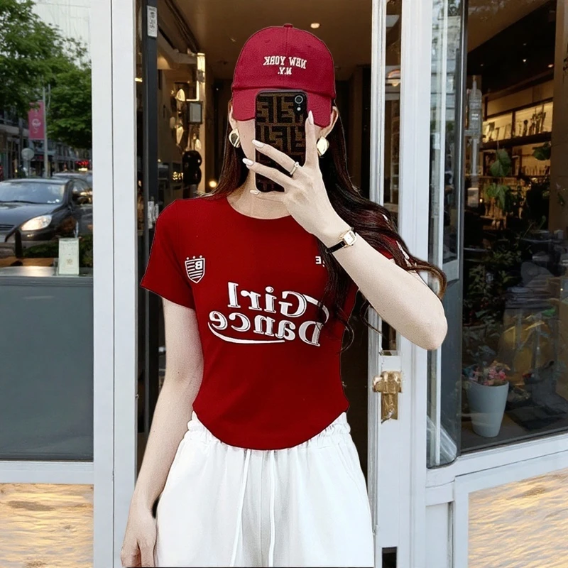 正肩短袖t恤女款爆款2025新款夏时尚休闲运动ins辣妹短款修身上衣