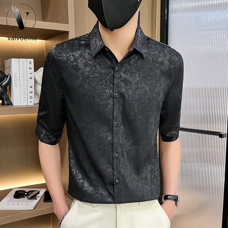 VALVOELITE高级感黑色暗花衬衫男士雅痞帅气炸街七分短袖衬衣潮牌