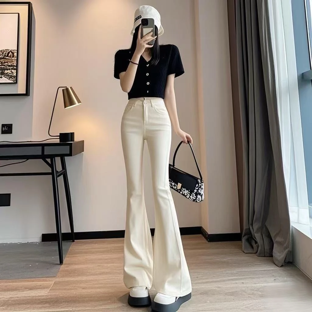 牛仔裤女2025夏季新款高腰显瘦喇叭弹力修身黑白色拖地百搭裤子