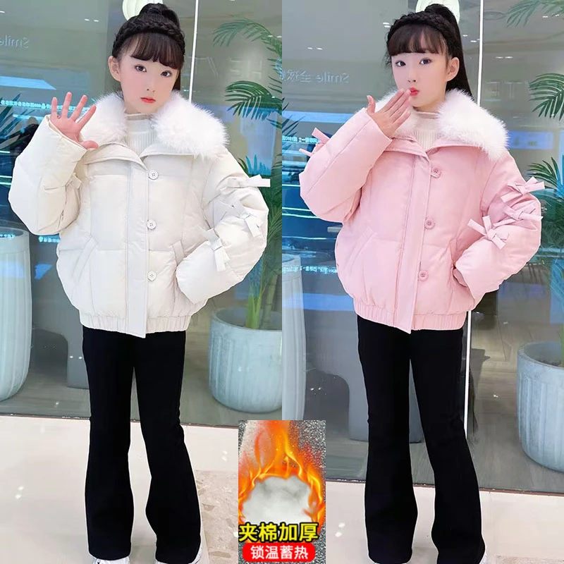 女童翻领棉衣2025年冬季新款中大童洋气时尚韩版保暖蝴蝶结棉衣